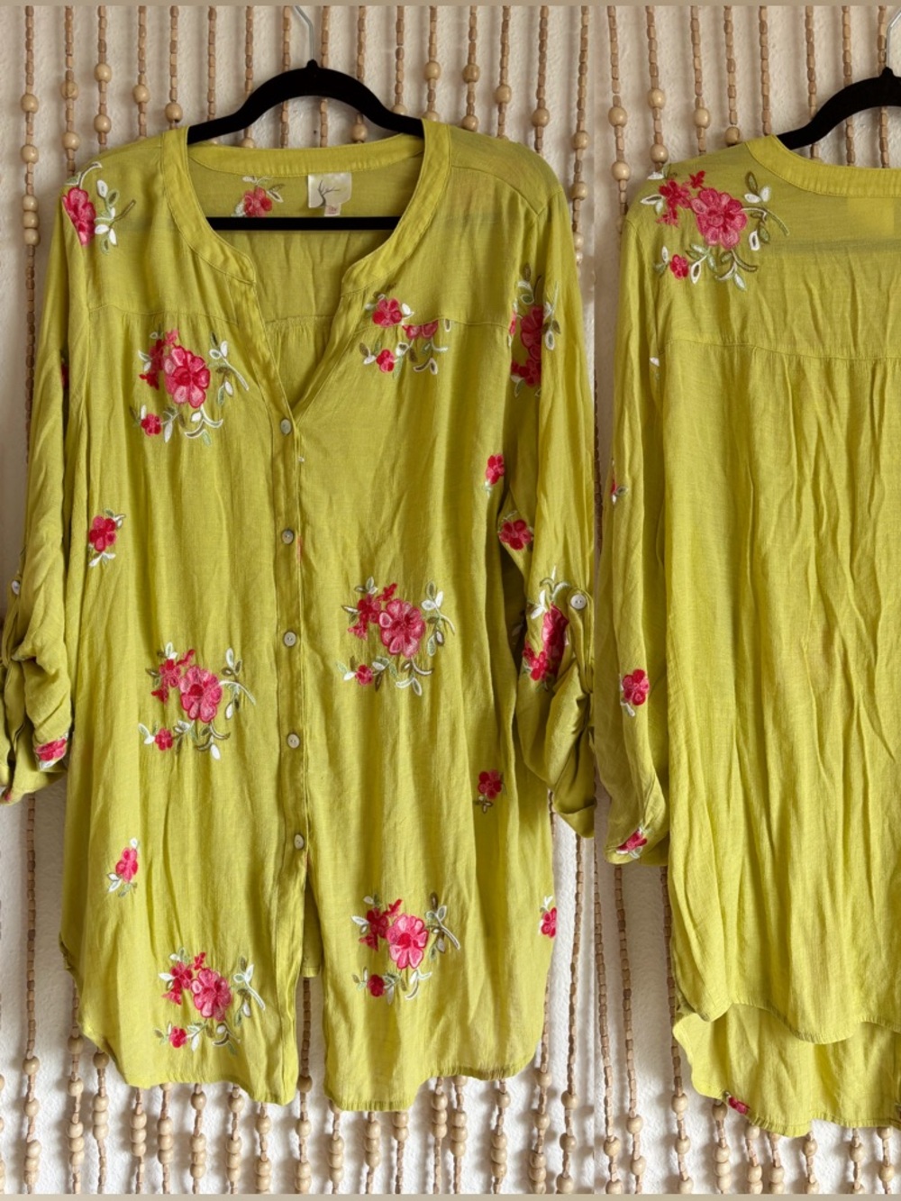 Fig Flower Green Pink Cotton Floral Embroidered Button Down Boho Peasant Blouse